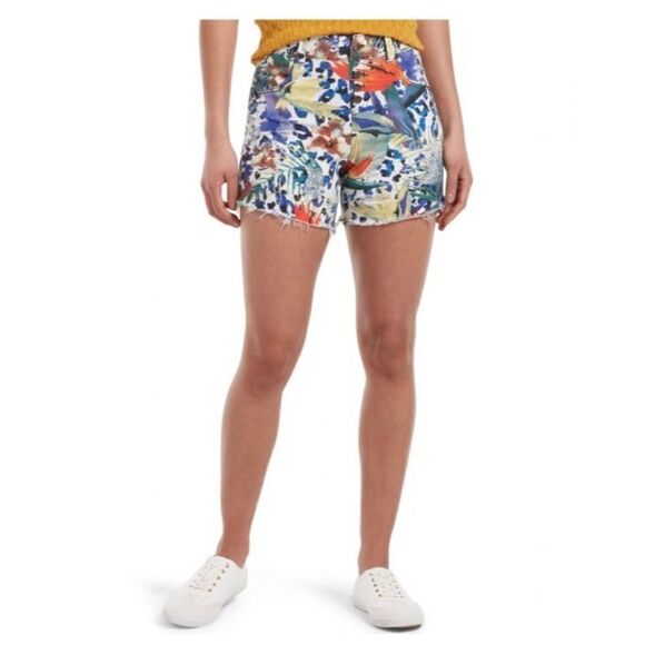 Hue-tropical ANIMAL DENIM HIGH WAIST SHORTS - Picture 1 of 7